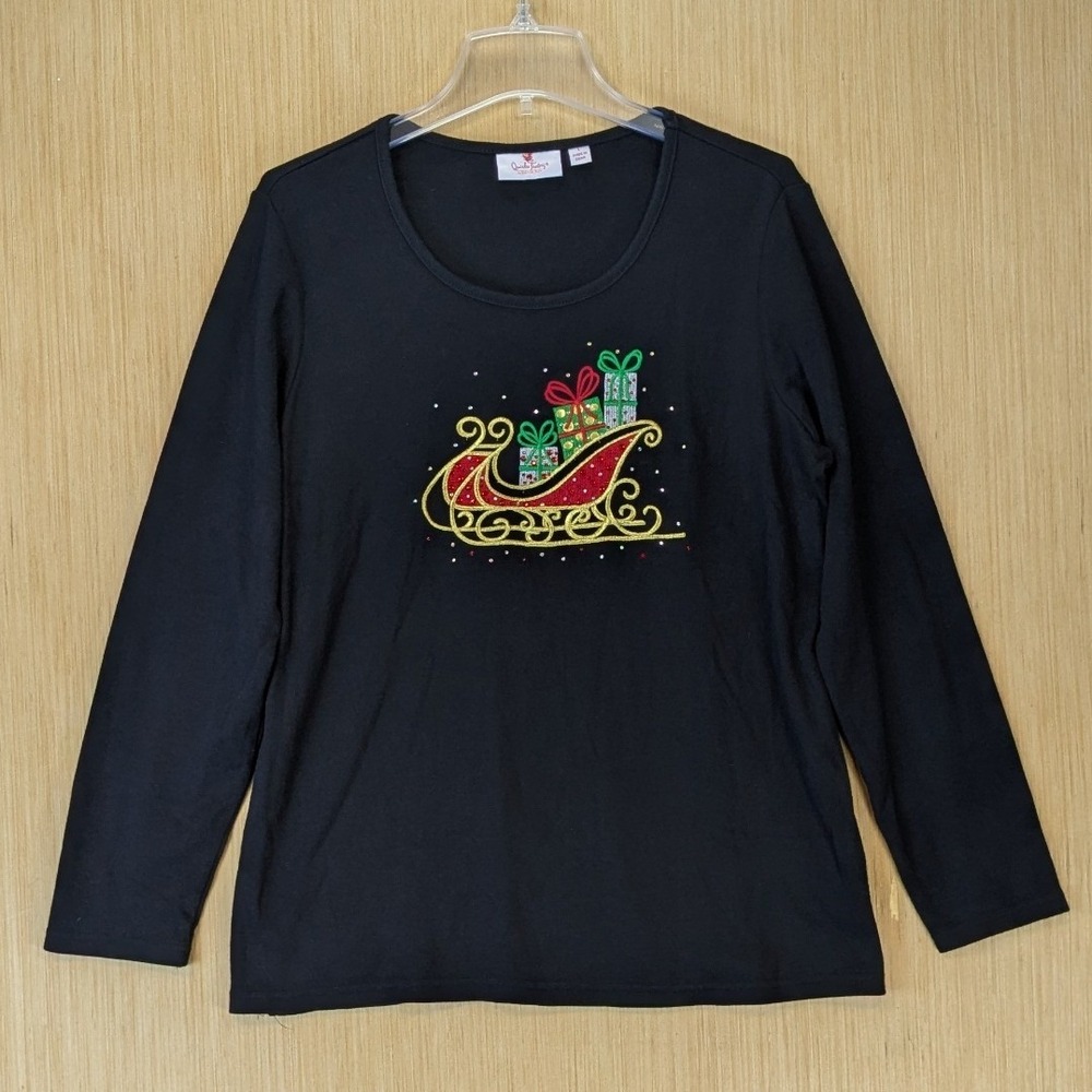 Quacker Factory Women's Christmas Sleigh Embroidery Top Size L Black Long Sleeve
